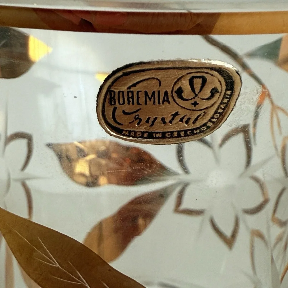 Bohemia Crystal Vase Gold Floral Etched Made‎ in Czechoslovakia Vintage READ